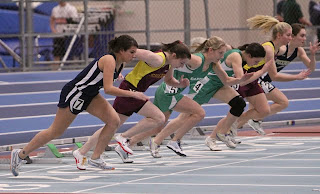 Sara Gildersleeve and Canton's Samantha Smith bursting from the blocks at the Hock Indoor Championships!