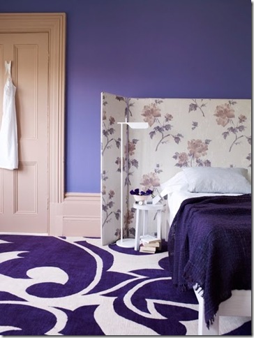 polly wreford purple bedroom swirl rug screen uphostered headboard large baseboards