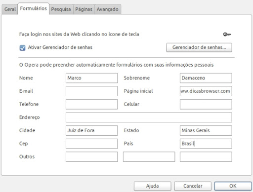 configurações opera menu opera formulario Opera como preencher formulários com um clique