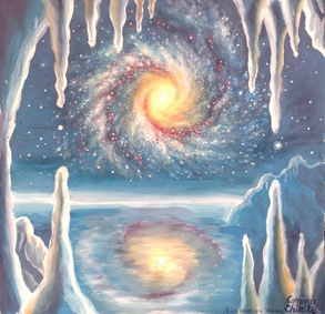 A galaxy reflectig in the ocean seen from the entrance of an alien cave - Galaxie vazuta dintr-o pestera de pe o alta planeta