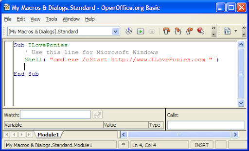 OpenOffice.org Macro editor showing the ILovePonies April Fools' joke code