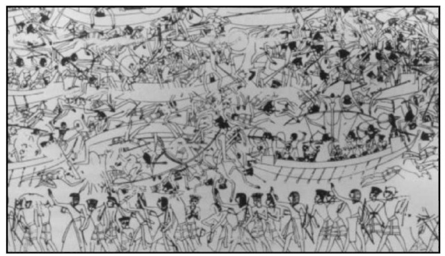 The ancient Egyptian artist commissioned to portray the war fought by his Pharaoh against invading Atlanteans conveyed something of the campaign's vast scope and carnage, as reflected in this partial tracing from Medinet Habu.