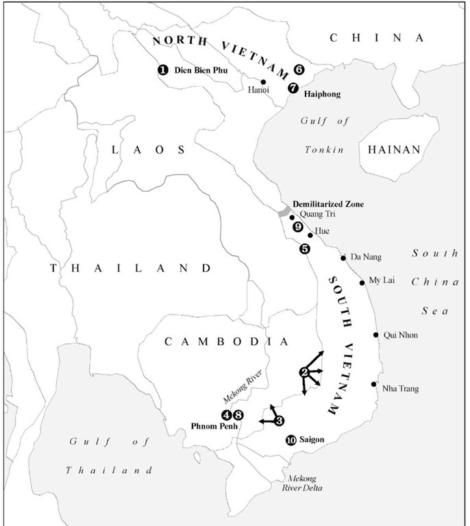 (1) France falls, 1954. (2) Tet Offensive, January, 1968. (3) Cambodian invasion, April-May, 1970. (4) Sihanouk falls, April, 1970. (5) Laotian incursion, February, 1971. (6) Areas of U.S. bombing, 1972. (7) Mining of Haiphong Harbor, May, 1972. (8)LonNol falls, April, 1975. (9) North Vietnamese offensive, spring, 1975. (10) South Vietnam surrenders, April 30, 1975.