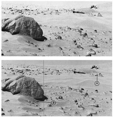 Changes observed by the Viking Landers over a period of time included water-ice snow seen by VL-2 during the winter at Utopia Planitia, and a thin dust layer deposited at both sites during the dust storms of 1977. As shown here, a change occurred by Chryse Planitia over a 4-day period in September 1978. Top photo is the "before" and bottom photo is the "after" view. Change (A) appears as a small circle-like formation on the side of a drift in the lee, or downward, side of''Whale Rock.'' This is believed to have been a small-scale landslide of an unstable dust layer which had accumulated behind the rock. Interpretation of this feature would be difficult without an earlier change (B) near ''Big Joe,'' a slump. The new slump is observed approximately 25-35 meters (82-115 feet) from the lander craft and just under 1 meter (3.3 feet) across. This slumping was probably initiated by the daily heating and cooling of the surface by solar radiation. More importantly, it is now believed that, based upon the repeated occurrence of such slumping features, a dust layer which overlies the surface may, in fact, be redistributed fairly regularly during periods of high wind activity. 