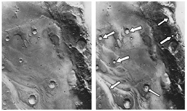 Two pictures taken a half-hour apart by Viking 1 Orbiter shows the development on Mars of early morning fog in low spots, such as crater and channel bottoms (see arrows on view at right). The scene at left was photographed shortly after martian dawn on July 24, 1976 from 12,400 kilometers (7700 miles) and, at right, 30 minutes later from 9800 kilometers (6100 miles). Slight warming of the sub-zero surface by the rising sun evidently drove off a small amount of water vapor which recondensed in the colder air just above the surface. Brightness measurements of the resulting fog patches indicated that a film of water about one micrometer thick had condensed. These fog patches were the first direct, visible evidence as to where the exchange of water between the martian surface and atmosphere may occur.
