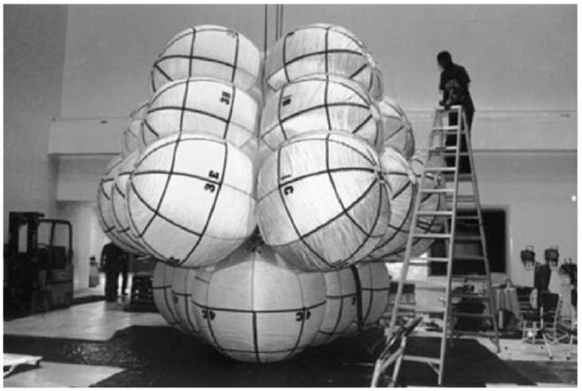 One of the many airbag test performed prior to lift-off. Each lobe of the airbags consists of six spheres, with four lobes, one for each of the pedals. The airbags total 16 feet from the ground to the top. 
