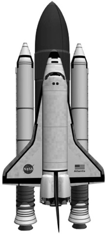 A drawing of the final configuration of the Space Shuttle viewed from the top. It shows the relative locations of the orbiter, the fuel tank, and the two solid-fueled boosters. The figure is taken from the following NASA website: http://www.hq.nasa.gov/ office/codeq/risk/workshop/bover.doc. This figure is available in full color at http:// www.mrw.interscience.wiley.com/esst.
