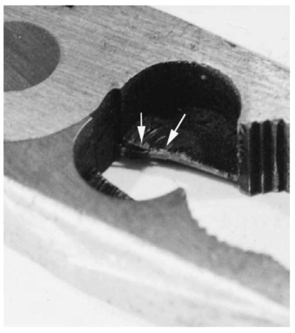 Macrophotograph showing multicolored plastic insulation material caught in cutter blades of suspect pliers.