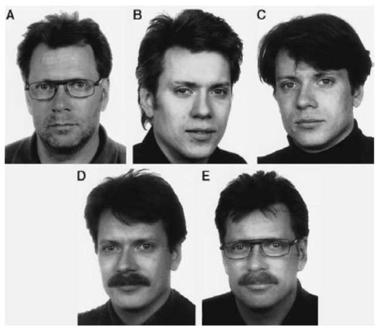 Variations of a person's face overtime. A, June 1999; B, 1975; C, 1986; D, 1994; E, 1995.