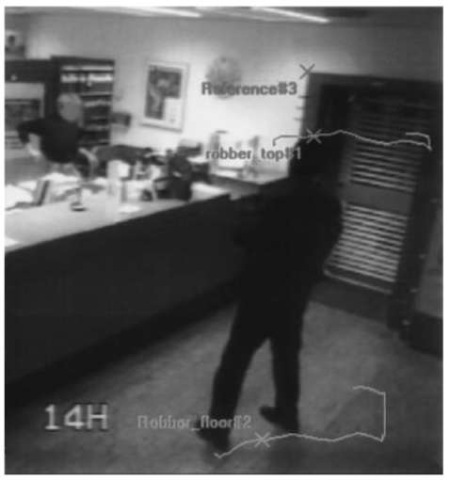  Measuring the height of a robber by reverse projection from a digitized surveillance video recording. The height was calculated from an image sequence and the path of the robbers movement in the bank have been tracked.