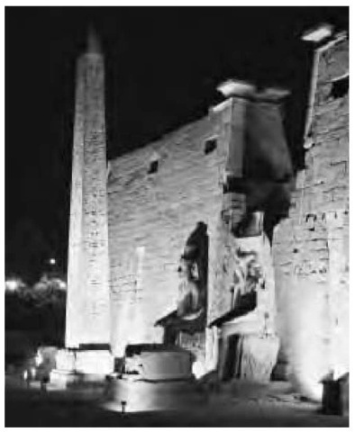 An impressive nighttime image of the great temple complex at Karnak. 