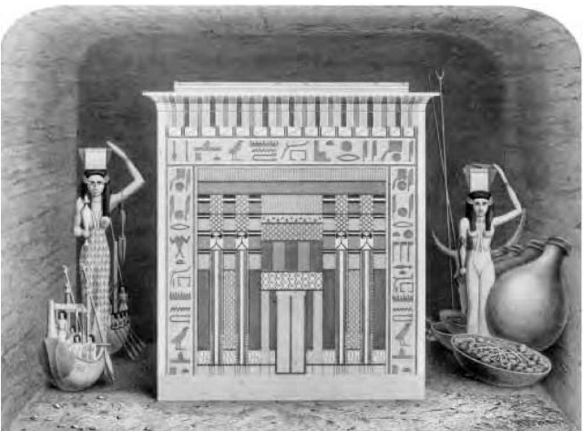 A rendering of a sarcophagus and accompanying regalia in a tomb at Thebes. 