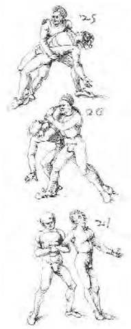 This "art of fighting" also included the art of wrestling and ground fighting known as Unterhalten ("holding down") and close-quarters takedowns and grappling moves, shown here in this Albrecht Duerer illustration. 