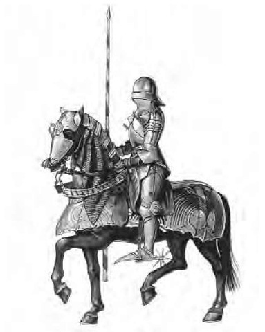 A medieval knight in full battle dress on horseback. Knights were bound to the code of chivalry, which charged each knight with the defense of the Church, his sovereign king, and the weak and the poor. 