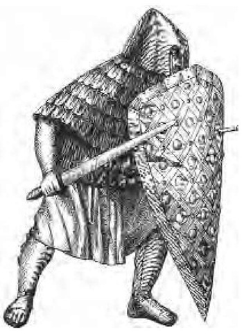 An armored ninth-century Franconian warrior, assuming a defensive position with sword and shield. This figure is based on a chess piece from a set by Karl des Grossen.
