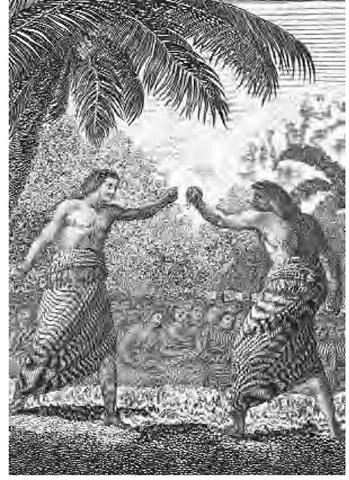 A late-nineteenth-century engraving by J.W. Warren of a bare-knuckle boxing match between Hapae islanders.
