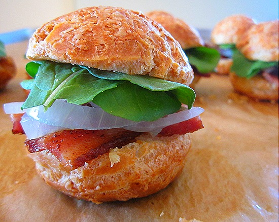 Mini Gougere Sandwiches with Bacon, Pickled Onions & Arugula