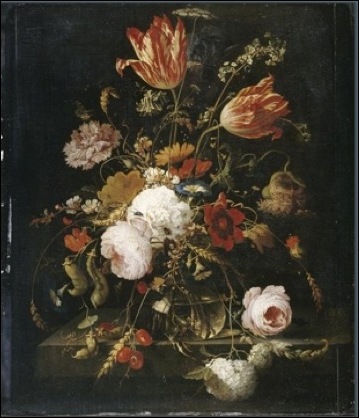 Abraham Mignon, Fleurs dans une carafe avec une branche de pois et un escargot