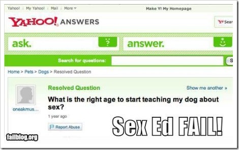 Yahoo Answers screenshot - Teaching dog about sex.