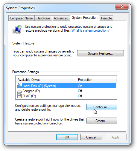 Enable / Disable Windows 7 System Restore Feature
