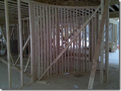 New home construction, framing. Curved wall for staircase.
