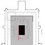 Plà nol del recinte de culte. En vermell, els trams de canal visualitzats. claveguera-1.jpg
