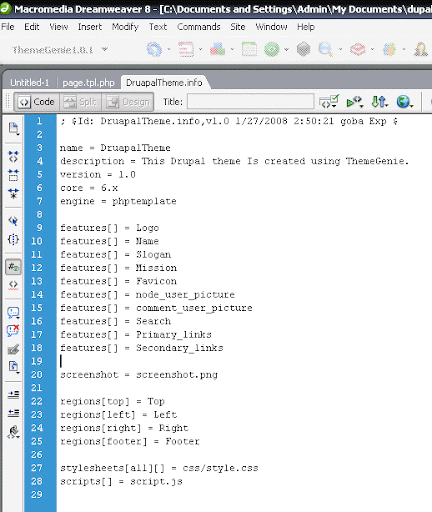 Drupal Dreamweaver theme extension info file