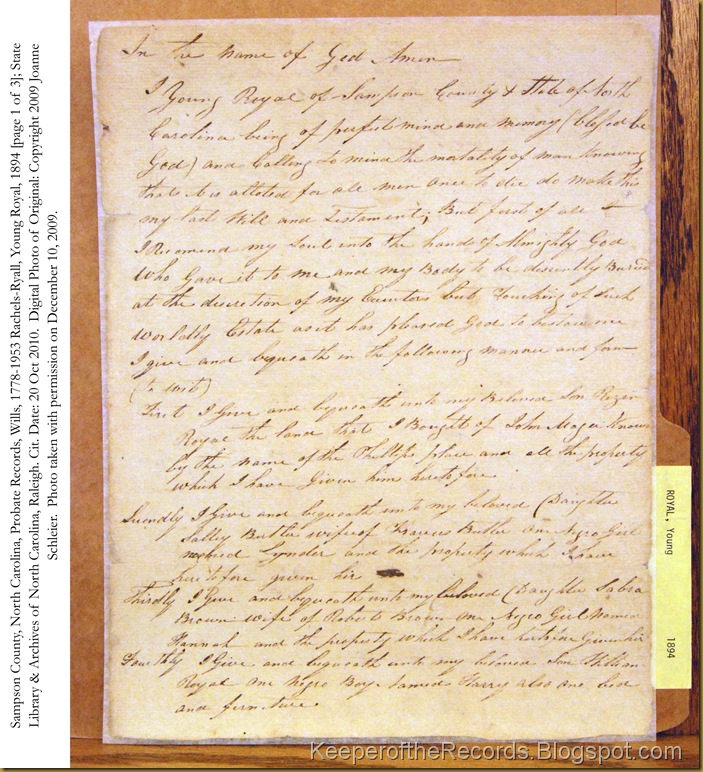 Young Royal, 1894 Will Page 1 of 3 Young Royal, 1894 Will Page 1 of 3