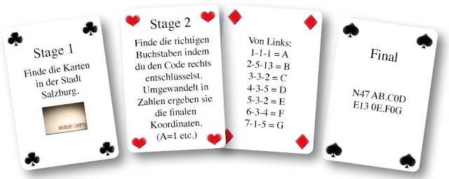 Stage1: Finde die Karten in der Stadt Salzburg. Stage 2: Finde die richtigen Buchstaben indem du den Code entschlüsselst. Umgewandelt in Zahlen ergeben sie die finalen Koordinaten. (A=1, B=2 etc.) 1-1-1 = A, 2-5-13 = B, 3-3-2 = C, 4-3-5 = D, 5-3-2 = E, 6-3-4 = F, 7-1-5 = G; Final: N47 AB.C0D, E13 0E.F0G