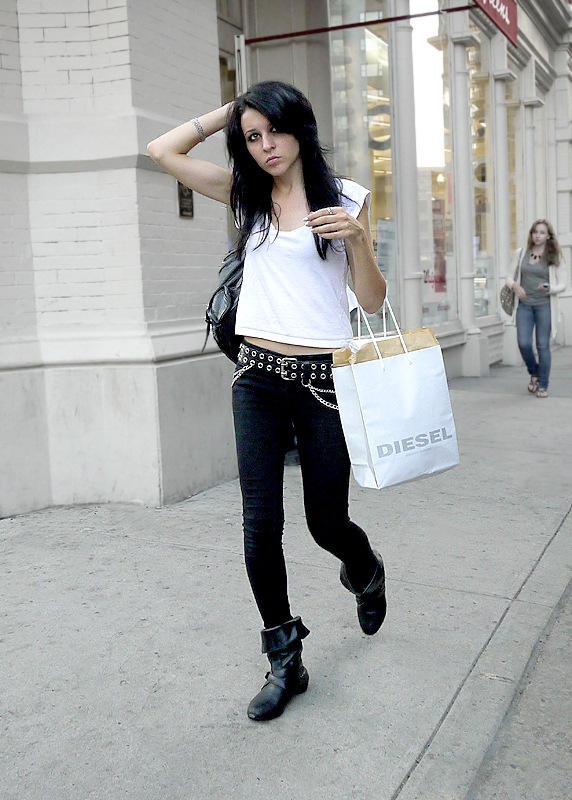 w black pants white tee  stud and chain belt rolled over boots black hair2