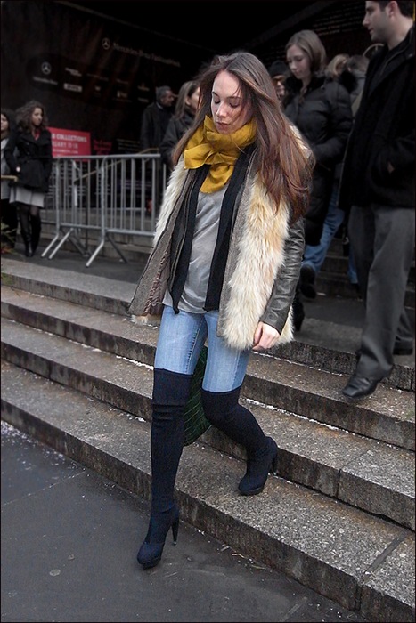 w fur vest thigh high boots yellow scarf