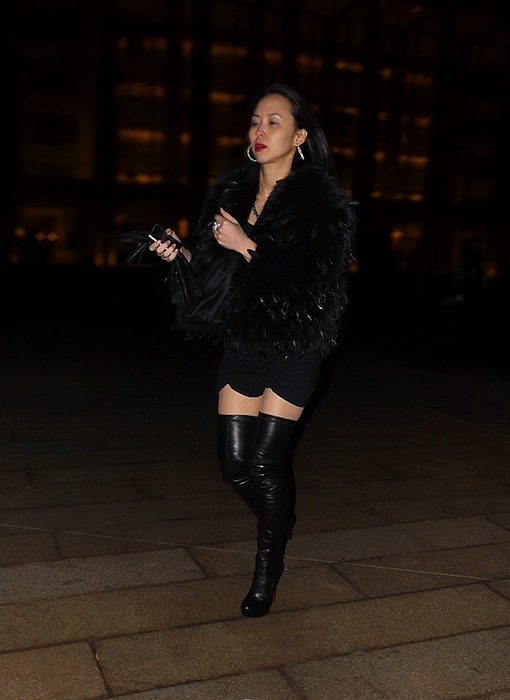 w black thigh high louboutin boots black feather coat