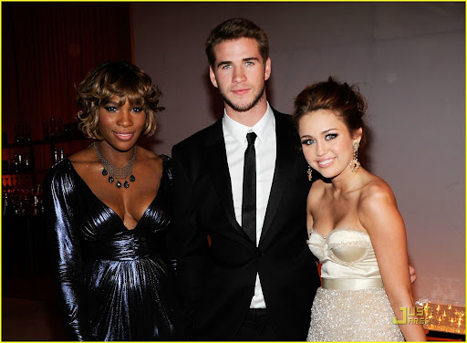 WEST HOLLYWOOD, CA - MARCH 07: *EXCLUSIVE ACCESS, PREMIUM RATES APPLY* Professional Tennis Player Serena Williams, actor Liam Hemsworth and Singer/Actress Miley Cyrus attend the 18th Annual Elton John AIDS Foundation Academy Award Party at Pacific Design Center on March 7, 2010 in West Hollywood, California. (Photo by Larry Busacca/Getty Images)