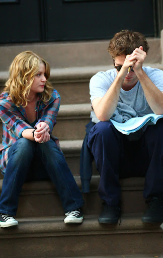 Emilie de Ravin and Robert Pattinson sit on the steps of a brownstone together on the Brooklyn set of 'Remember Me'.  Robert can be seen intently studying his lines. <P> Pictured: Emilie de Ravin and Robert Pattinson <P> <B>Ref: SPL113308  140709  </B><BR/> Picture by: Jackson Lee / Splash News<BR/> </P><P> <B>Splash News and Pictures</B><BR/> Los Angeles:	310-821-2666<BR/> New York:	212-619-2666<BR/> London:	870-934-2666<BR/> photodesk@splashnews.com<BR/> </P>