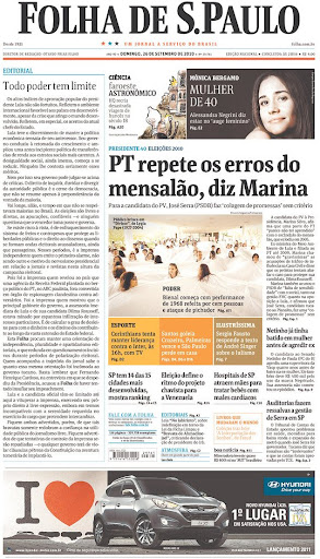 Fac-símile da edição de domingo (dia 26/09/2010) da Folha de São Paulo