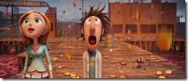 "Sam Sparks" voiced by Anna Faris and "Flint Lockwood" voiced by Bill Hader in Columbia Pictures' animated film CLOUDY WITH A CHANCE OF MEATBALLS.