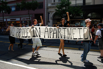 No Pride in Apartheid banner