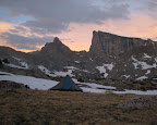 A tent set up in the Sunset at the base of East Temple peak.