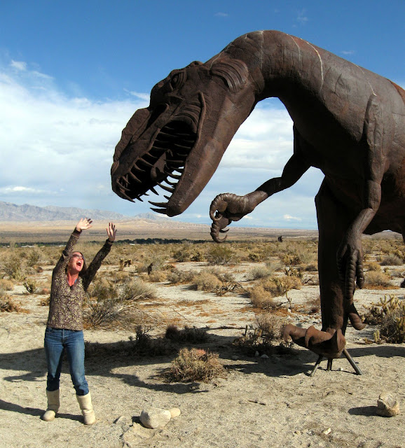 Mary about to be devoured by a T-rex in the Anza Borrego Desert
