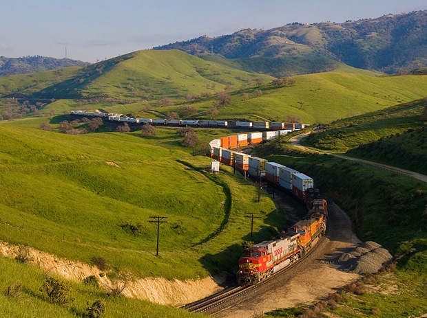 A BNSF Z train wound through the curves at Bealville during the spring in the Tehachapis at Caliente, California, USA 