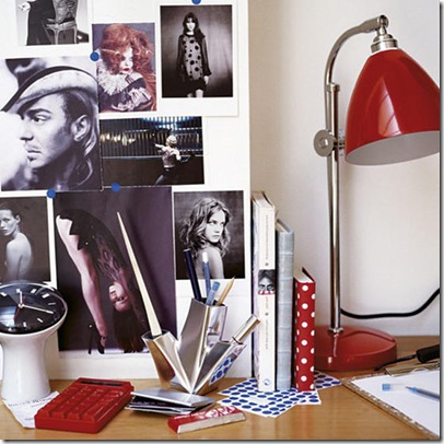 Desk red lamp postcards moodboard area L etc 10/2007 Pub Orig
