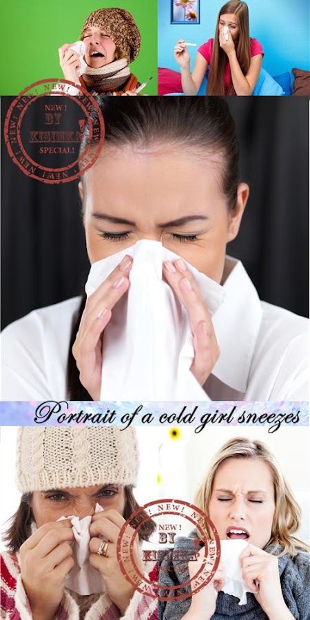 Stock Photo: Portrait of a cold girl sneezes Stock Photo: Portrait of a cold girl sneezes