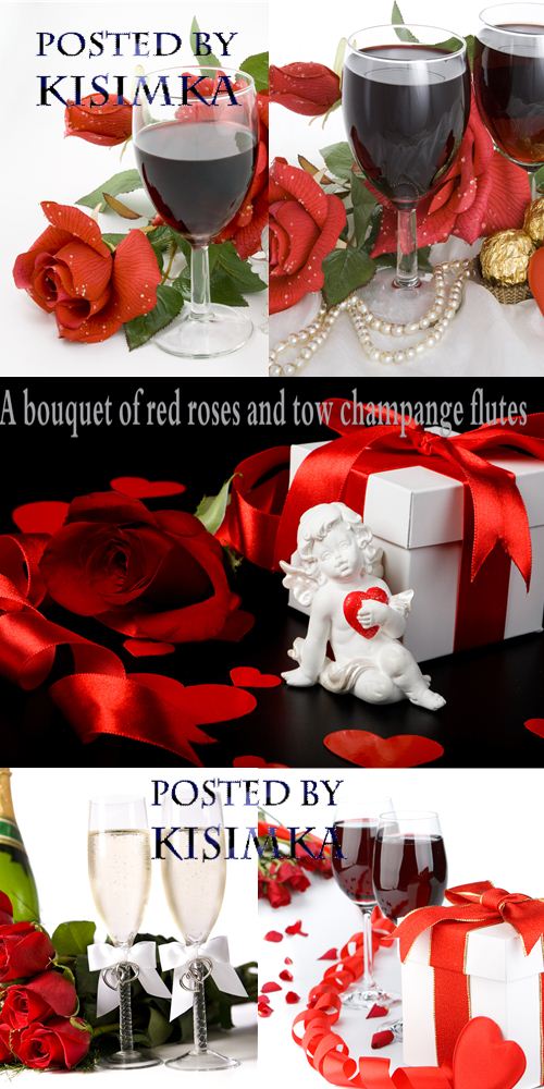 Stock Photo: A bouquet of red roses and tow champange flutes Stock Photo: A bouquet of red roses and tow champange flutes