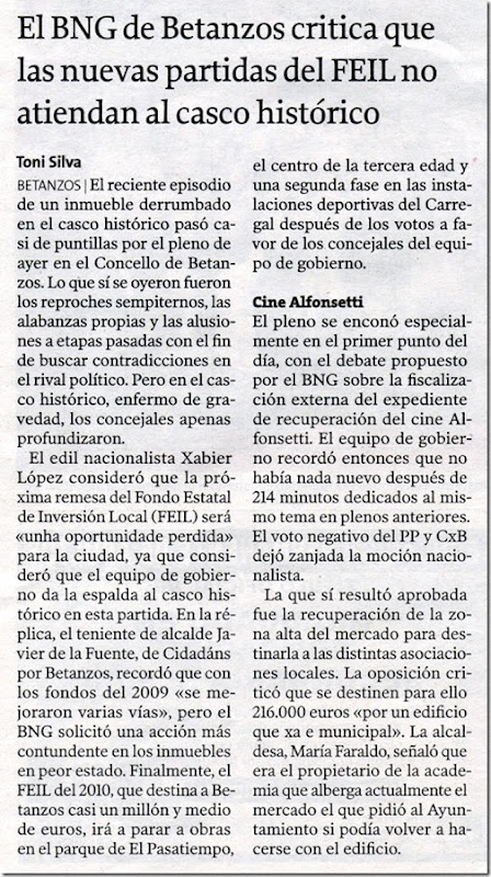 Recorte do  xornal “La Voz de Galicia” correspondente ao mércores 27 de xaneiro de 2010.
