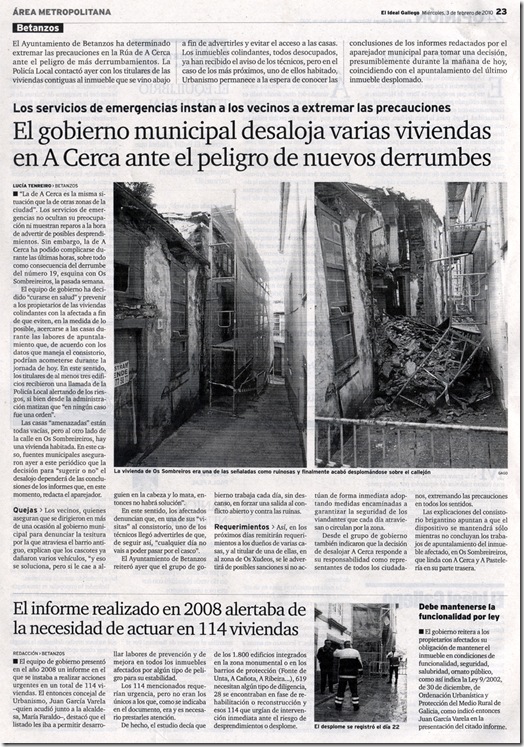Recorte do xornal "El Ideal Gallego" correspondente ao mércores 3 de febreiro de 2010