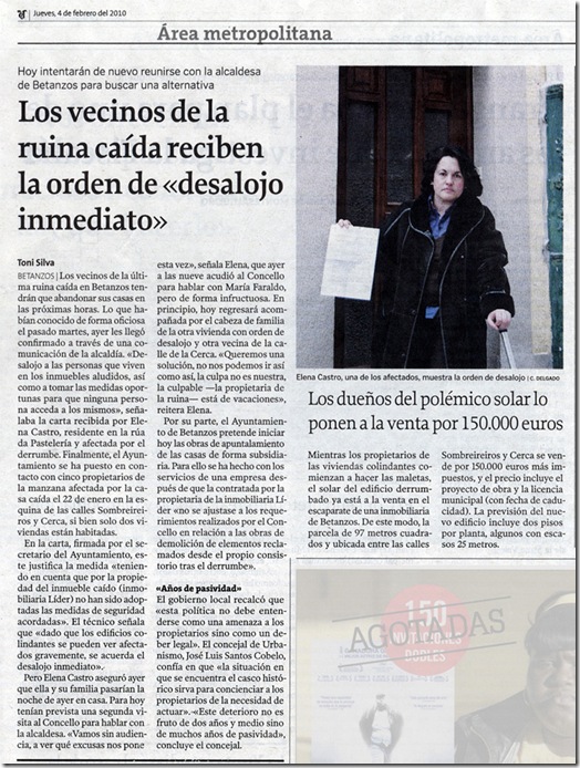 Recorte do  xornal “La Voz de Galicia” correspondente ao xoves 4 de febreiro de 2010
