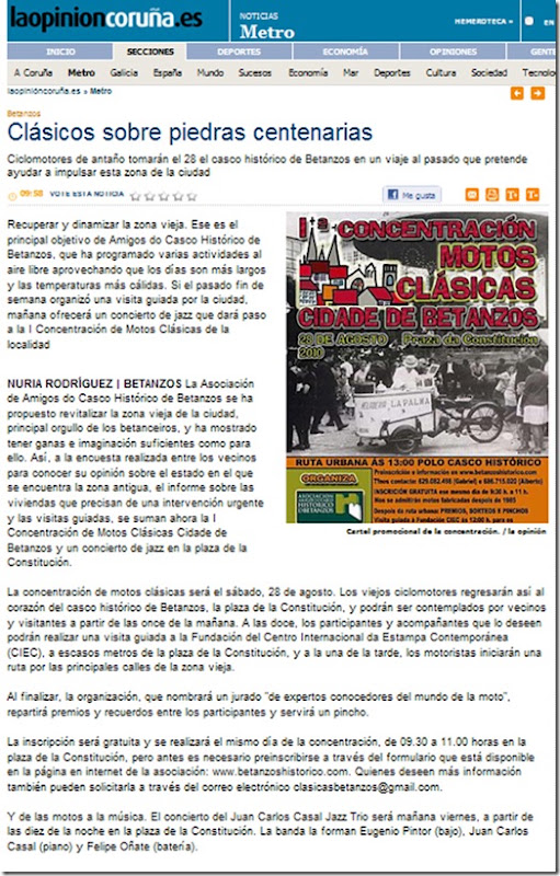 Recorte da edición dixital do xornal  “La Opinión” correspondente ao xoves 5 de agosto de 2010