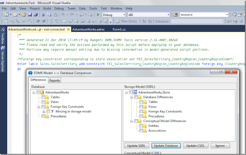 Huagati Model Comparer with generated SQL-DDL script in the background