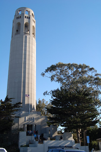Coit Tower, on a hill in the city.
