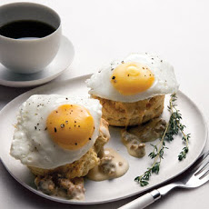 Southern Fried Eggs Over Buttermilk Biscuits with Sausage Gravy